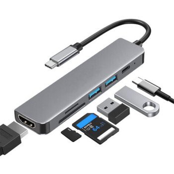 Adaptateur HUB 7 EN 1 USB-C vers HDMI, 3 x USB 3.0, Lecteur de carte SD, Micro SD, USB-C pour recharger l'ordinateur - NEUF